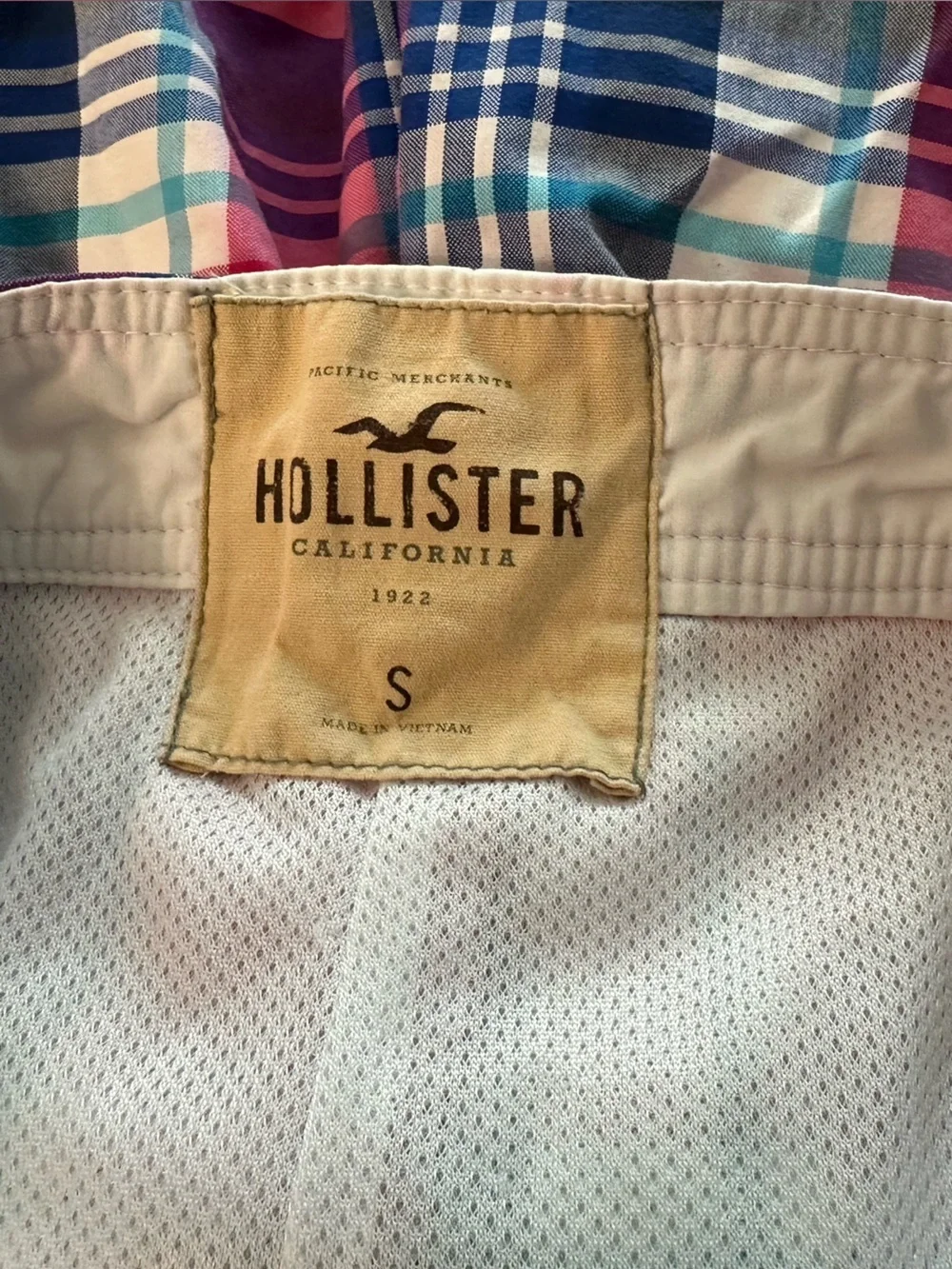 Hollister Red and Blue Plaid Cargo Swim Shorts
